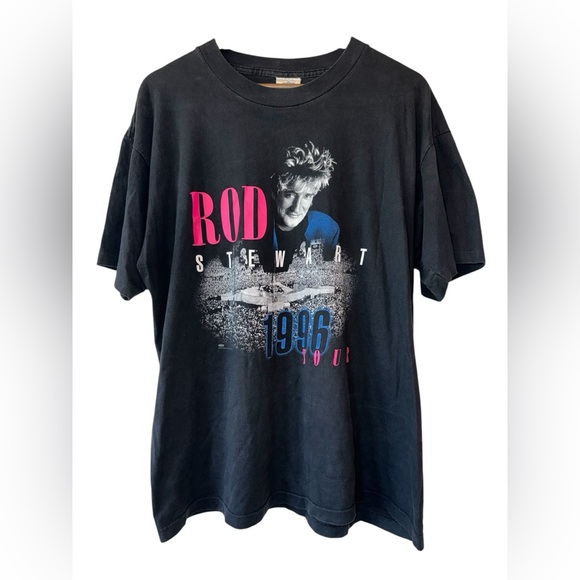 Vintage 1996 Rod Stewart Tour Band Tee Black Pink Headshot Preloved Sz XL - Picture 2 of 11